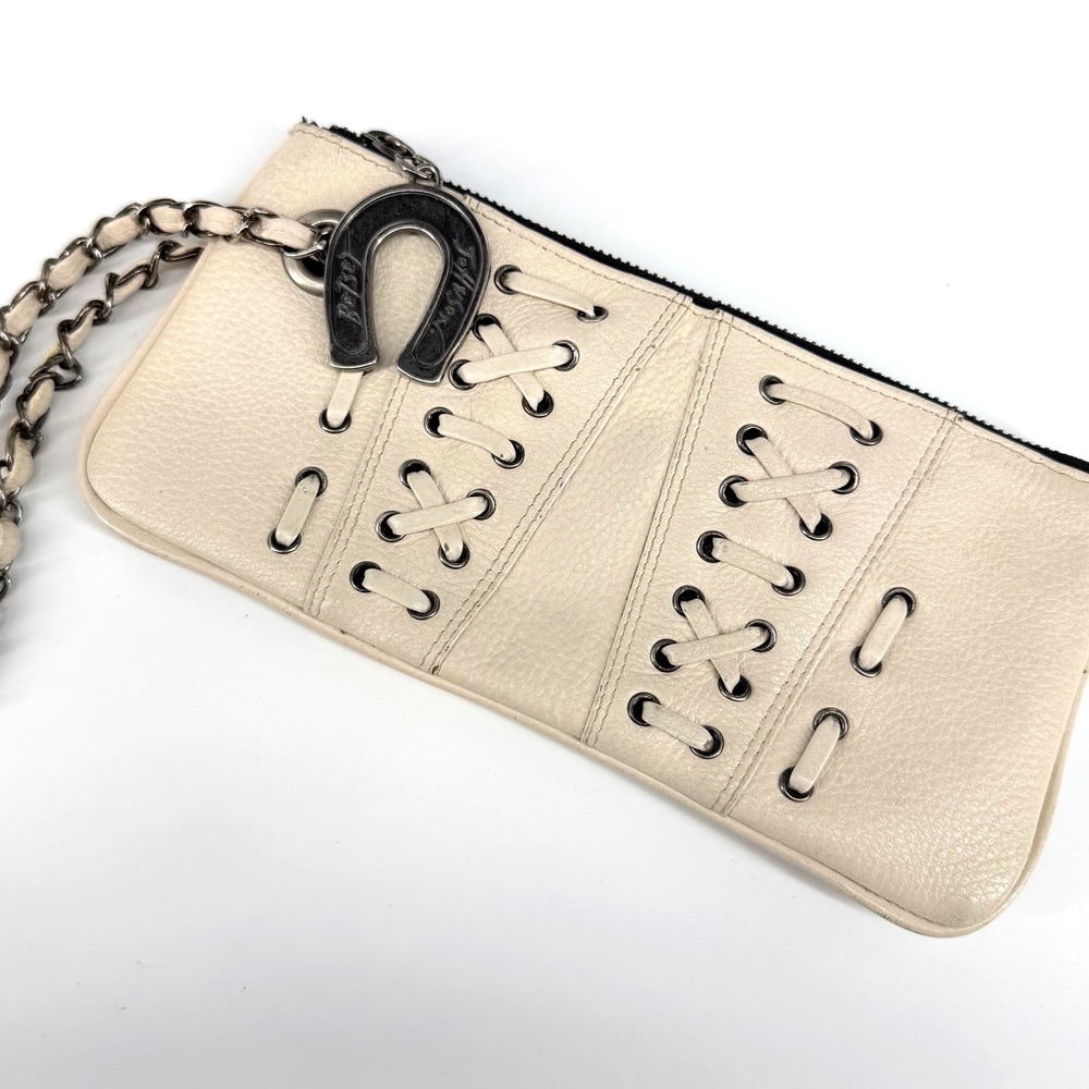 Vintage Betsey Johnson Cream Pebbled Leather Corset Lace Up Wristlet Clutch